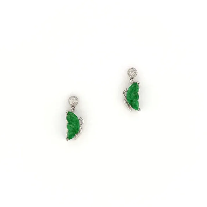 Jade Earring - Vivid Green Colored Butterfly Shaped Jadeite Jade Carved mounted 18K White Gold Setting with Rounded Diamonds 0.117 cts
