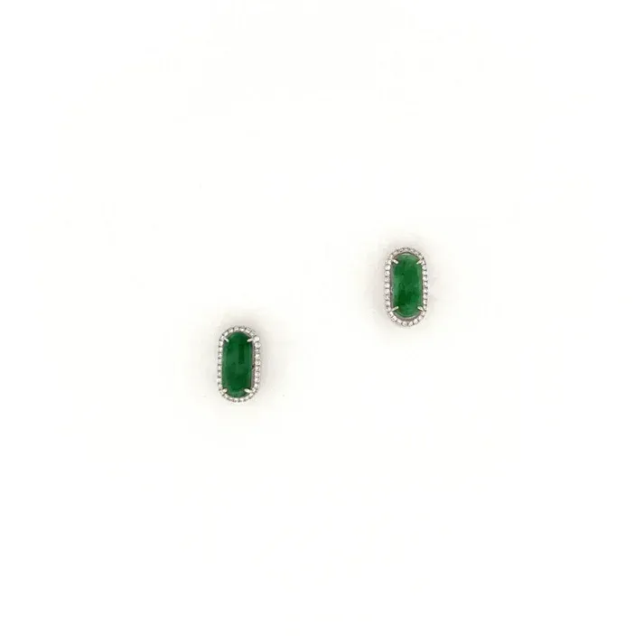 Jade Earring - Green Colored Saddle Shaped Jadeite Jade Cabochon mounted 18K White Gold Setting with Rounded Diamonds 0.325 cts