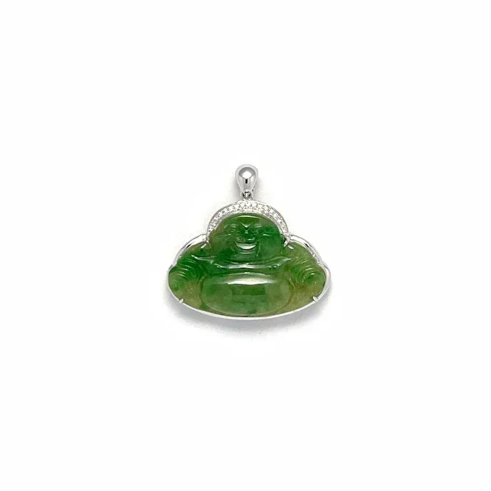 Jade Pendant - Green with Yellow Colored Laughing Buddha Translucent Jadeite Jade Carved Mounted 18K White Gold Setting with Rounded Diamonds 0.17 cts
