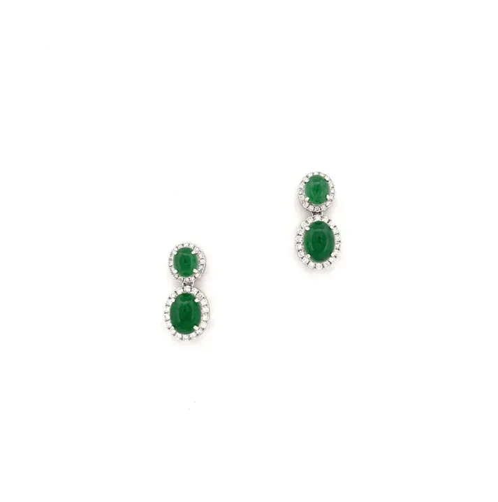 Jade Earring - Imperial Green Colored Oval Shaped Translucent Iced Jadeite Jade Cabochon mounted 18K White Gold Setting with Rounded Diamonds 0.804 cts