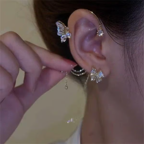 BUTTERFLY FLOWER TASSEL SHINY ZIRCON EARRINGS