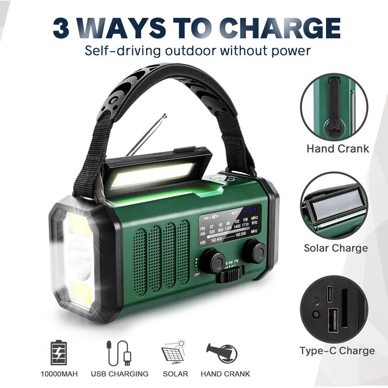 Multifunction SOS Alarm Flashlight Radio Fm Am Portable Emergency 10000mah Charger Power Bank Hand Crank Solar Radio