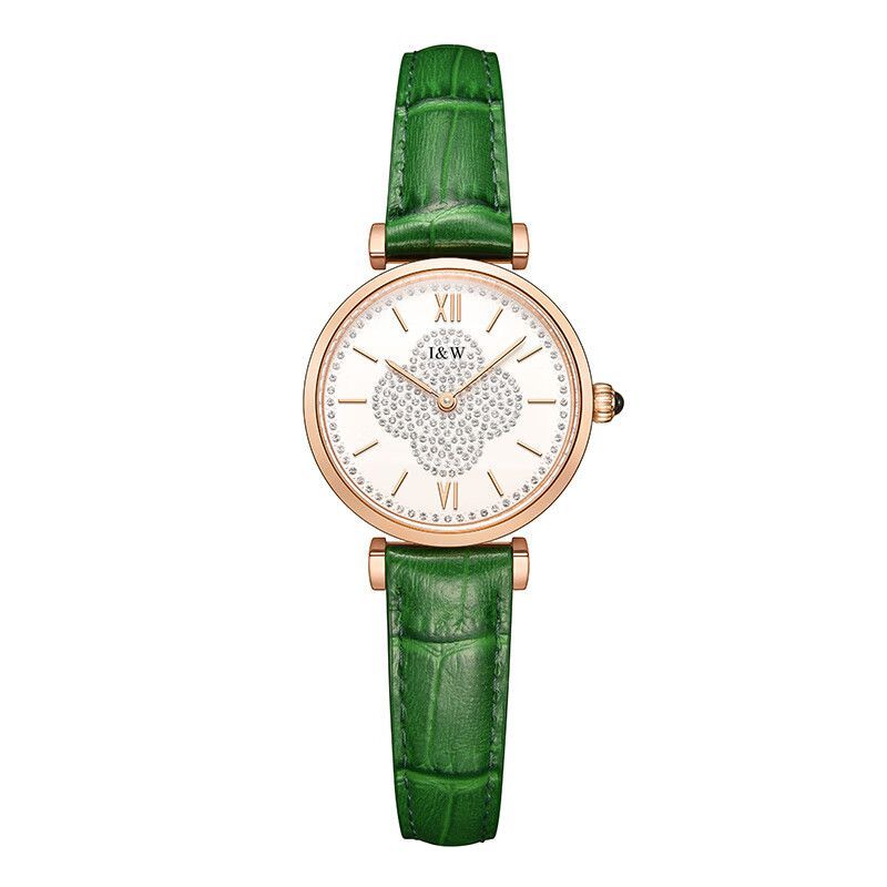 567I&W Ladies' Lucky Quartz Watch: Emerald Green with Bamboo-Textured Leather Strap