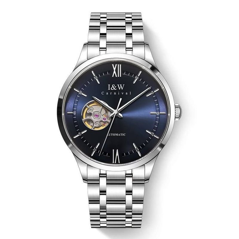 （S）570I&W Men's Custom Logo 40mm Elegant Skeleton Automatic Mechanical Watch - Stainless Steel