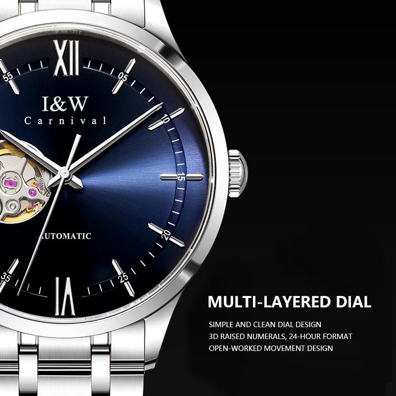 （S）570I&W Men's Custom Logo 40mm Elegant Skeleton Automatic Mechanical Watch - Stainless Steel