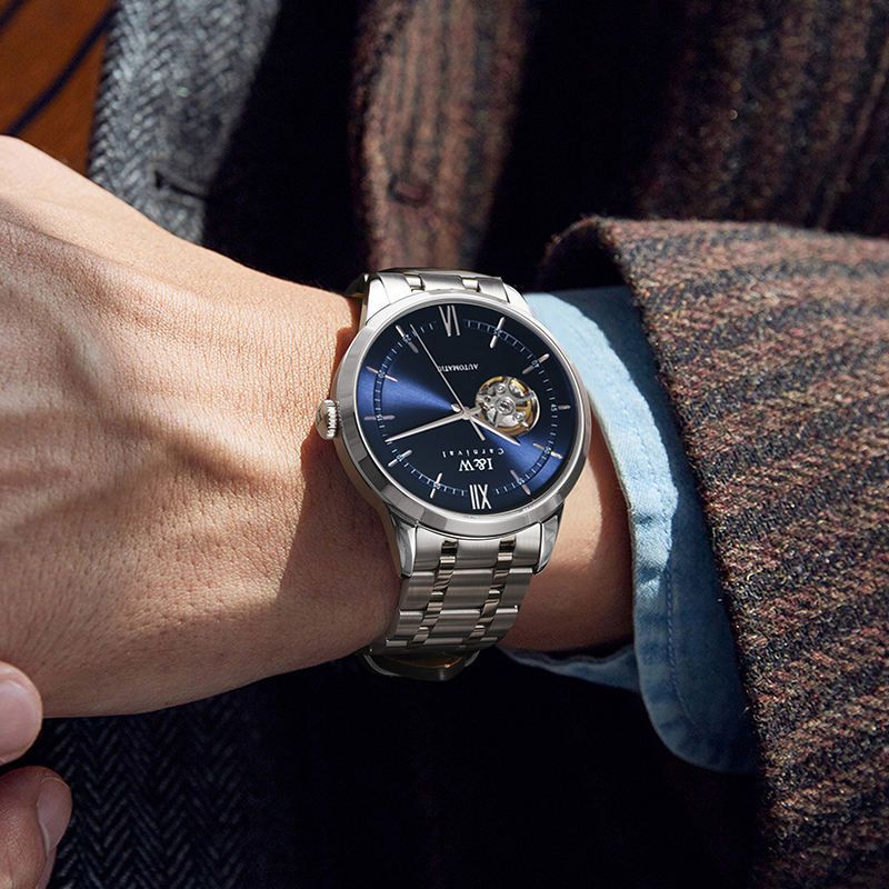 （S）570I&W Men's Custom Logo 40mm Elegant Skeleton Automatic Mechanical Watch - Stainless Steel