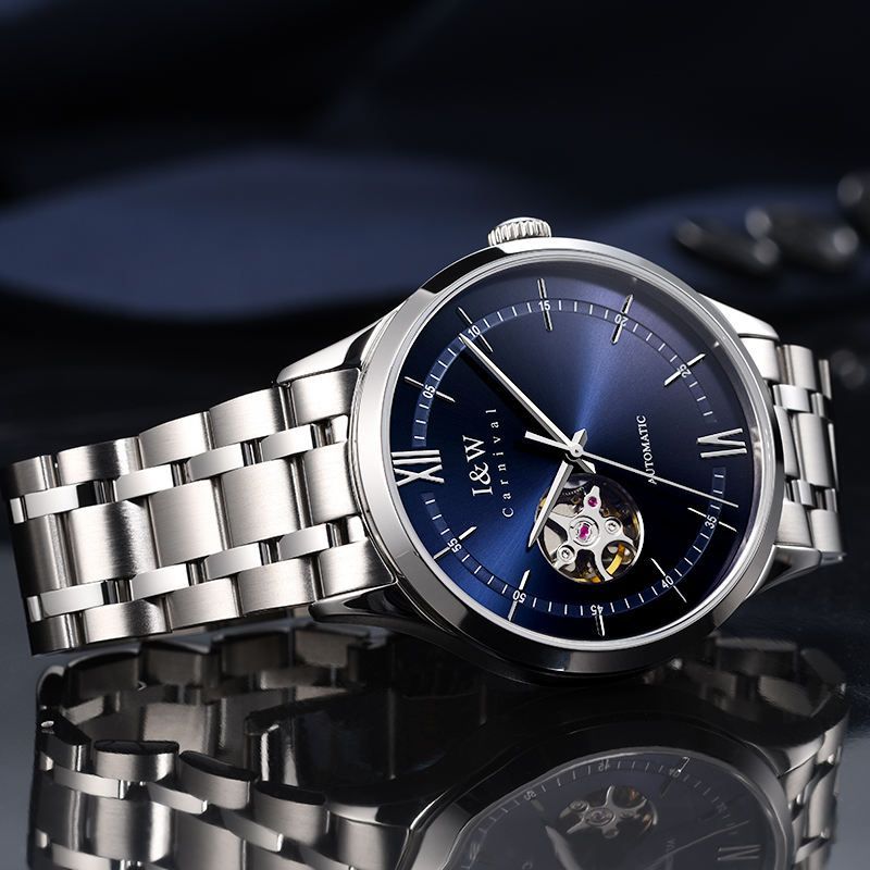 （S）570I&W Men's Custom Logo 40mm Elegant Skeleton Automatic Mechanical Watch - Stainless Steel