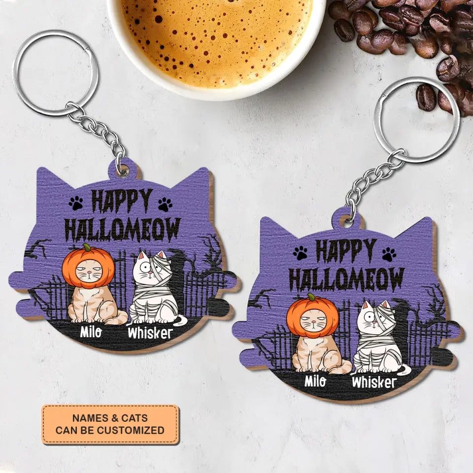 Happy Hallomeow Halloween - Personalized Custom Wooden Keychain - Halloween Gift For Cat Mom, Cat Dad, Cat Lover, Cat Owner