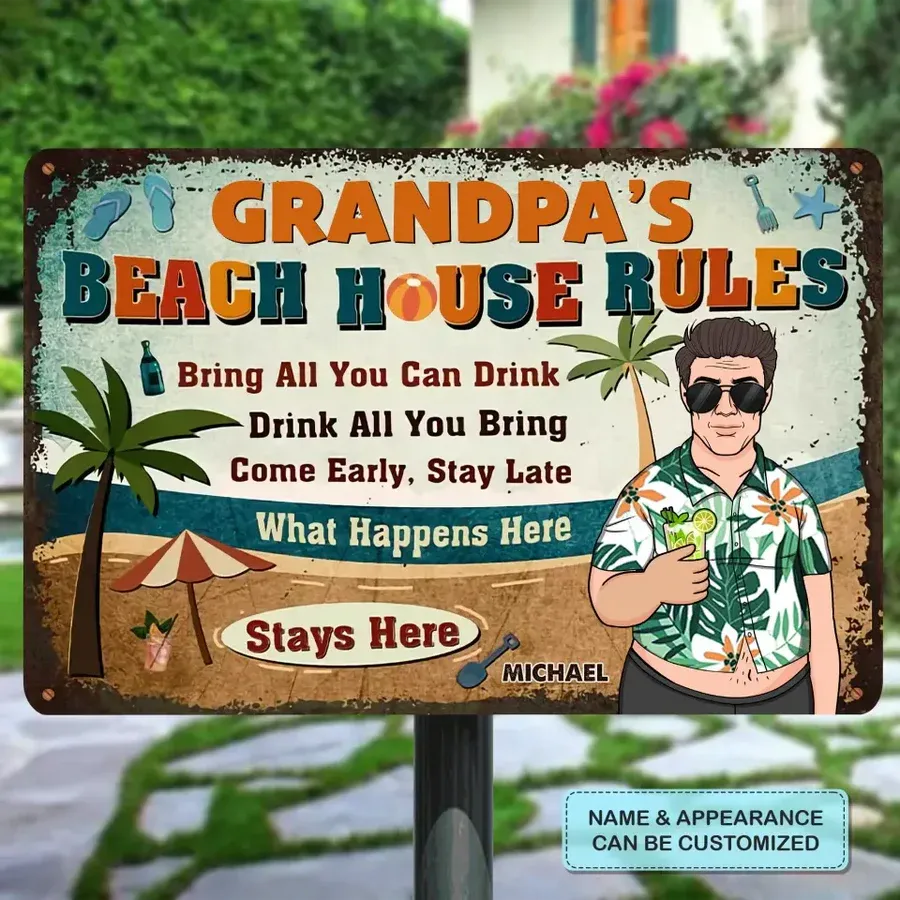 Personalized Metal Sign - Father's Day Gift For Dad, Grandpa - Beach House Rules ARND018