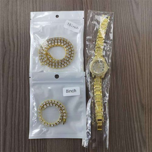 Hot Sell Gold Silver Zinc Alloy and Bling Rhinestone Hip Hop Tennis Chain Necklace Bracelet Iced Out Watch Women's Jewelry Set