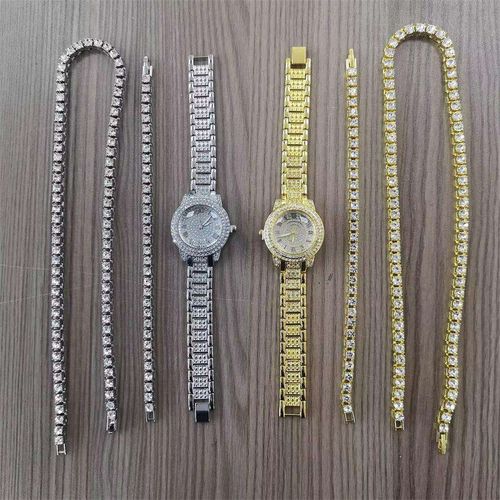 Hot Sell Gold Silver Zinc Alloy and Bling Rhinestone Hip Hop Tennis Chain Necklace Bracelet Iced Out Watch Women's Jewelry Set