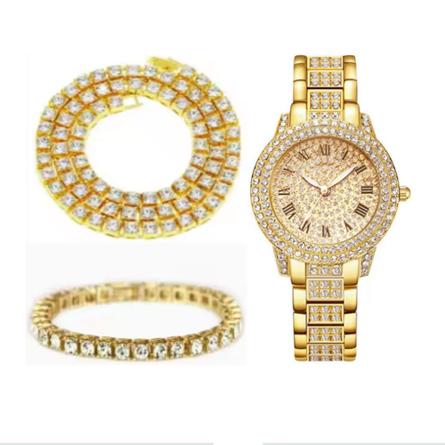 Hot Sell Gold Silver Zinc Alloy and Bling Rhinestone Hip Hop Tennis Chain Necklace Bracelet Iced Out Watch Women's Jewelry Set