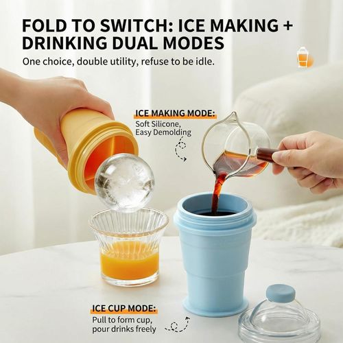 Collapsible Portable Folding Ice Ball Mold Cup With Straw, Large Ice Ball Maker Creative Silicone Food Grade Silicone Tumbler BPA Free,Handy Cup For Summer Outings