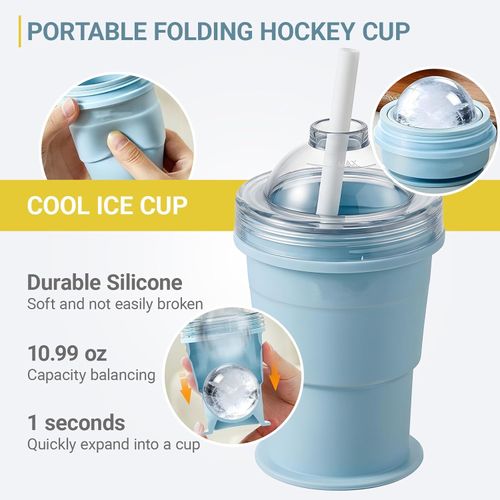Collapsible Portable Folding Ice Ball Mold Cup With Straw, Large Ice Ball Maker Creative Silicone Food Grade Silicone Tumbler BPA Free,Handy Cup For Summer Outings