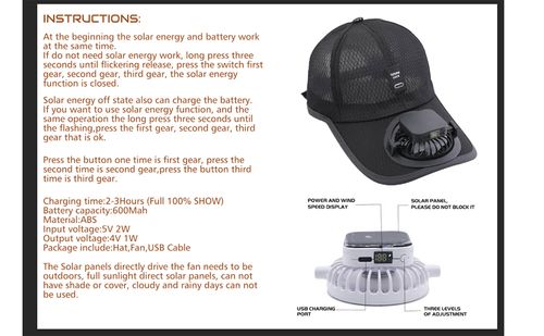 Breathable Solar-Powered Fan Baseball Cap（1PCS black）