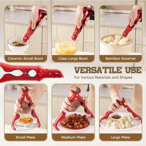 3-in-1 Hot Plate Gripper, 2025 NEW Multi-Angle Anti-Scald Bowl Holder Clip & Hot Plate Grabber Tool with Lock for Hot Bowl Cozy Holder, Hot Plate Gripper Tongs (Red 1PCS)