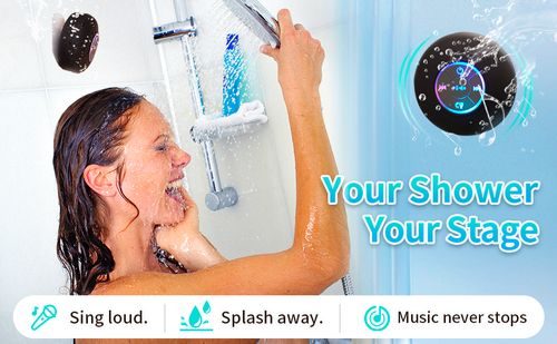 Bluetooth Shower Speaker with LED – Portable Wireless Mini Speaker with Mic & Suction Cup, IPX4 Water Resistant for Shower, Travel, Pool, River Floating, and Outdoor Fun (Black)