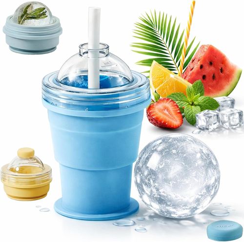 Collapsible Portable Folding Ice Ball Mold Cup With Straw, Large Ice Ball Maker Creative Silicone Food Grade Silicone Tumbler BPA Free,Handy Cup For Summer Outings
