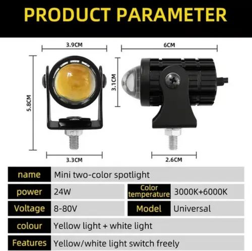 2-Pack Mini LED Driving Lamps with Switch, Dual Color High Luminance Spotlight for Trucks Super bright dual color motorcycle spotlight, yellow and white dual light, one light for two purposes, special design, with switch, easy to install, high quality aluminum material, wide range of uses. Accompany you to drive safely at any tim