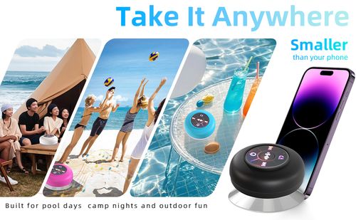 Bluetooth Shower Speaker with LED – Portable Wireless Mini Speaker with Mic & Suction Cup, IPX4 Water Resistant for Shower, Travel, Pool, River Floating, and Outdoor Fun (Black)