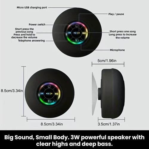 Bluetooth Shower Speaker with LED – Portable Wireless Mini Speaker with Mic & Suction Cup, IPX4 Water Resistant for Shower, Travel, Pool, River Floating, and Outdoor Fun (Black)