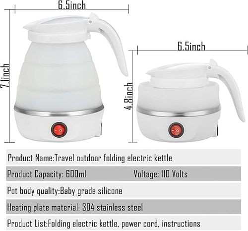 Compact Foldable Electric Kettle for Hostel & Small Kitchen–600W Fast Boil, Dual Voltage 110-220V(White1)