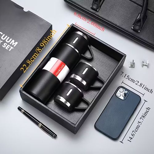 Coffee Thermo Bottle -Vacuum-Insulated Stainless Steel Travel Mug, 16oz Insulated Bottle with Cup for Hot & Cold Drink Travel Mug (black, Three Cup)