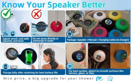 Bluetooth Shower Speaker with LED – Portable Wireless Mini Speaker with Mic & Suction Cup, IPX4 Water Resistant for Shower, Travel, Pool, River Floating, and Outdoor Fun (Black)