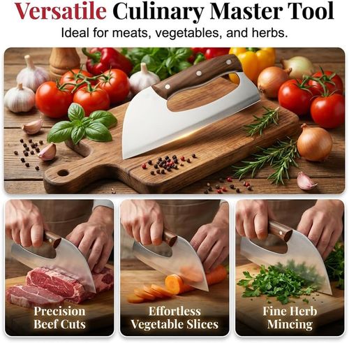 premium hand-forged chef's knife and meat cleaver set, suitable for home cooking, camping, and slicing or chopping meat, fruits, vegetables, pizza, and barbecue.