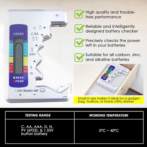 Universal Battery Tester LCD Display | Check AA, AAA, 9V & Button Cells
