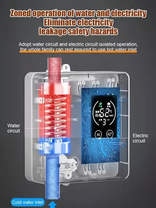 Aquecedor de água termostático instantâneo Instant heat, no water storage or preheating required. Use the same amount of water and electricity as you use, eliminating the need for repeated heating and preserving, eliminating waste at home.