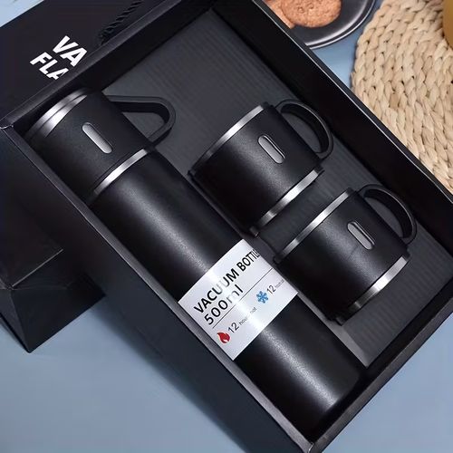 Coffee Thermo Bottle -Vacuum-Insulated Stainless Steel Travel Mug, 16oz Insulated Bottle with Cup for Hot & Cold Drink Travel Mug (black, Three Cup)