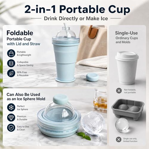 Collapsible Portable Folding Ice Ball Mold Cup With Straw, Large Ice Ball Maker Creative Silicone Food Grade Silicone Tumbler BPA Free,Handy Cup For Summer Outings