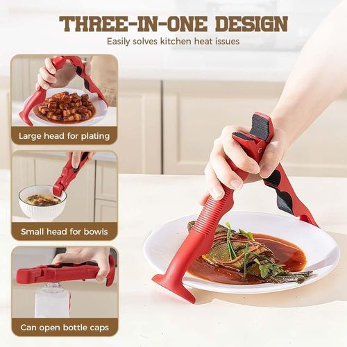 3-in-1 Hot Plate Gripper, 2025 NEW Multi-Angle Anti-Scald Bowl Holder Clip & Hot Plate Grabber Tool with Lock for Hot Bowl Cozy Holder, Hot Plate Gripper Tongs (Red 1PCS)