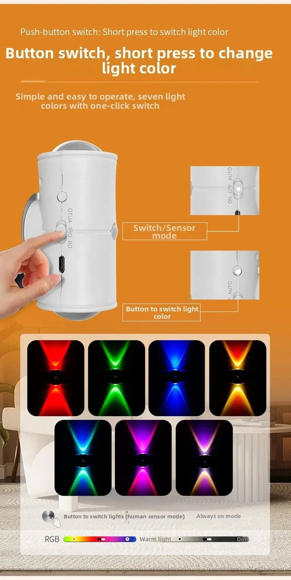 Automatic Motion Sensor Night Light – Human Body Detection, 7 Color LED Wall Lamp