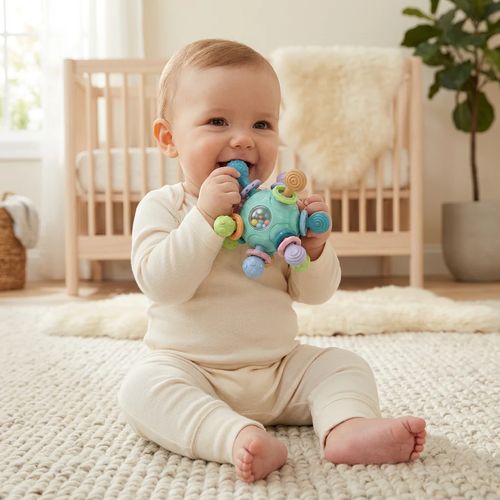 Sensory Baby Activity Ball with Silicone Teether and Rattle