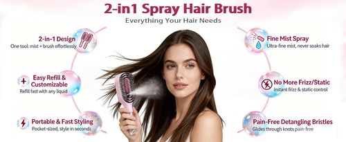 Hair Brush with Water Spray Mister - 2-in-1 Detangling Brush(1 Pink)