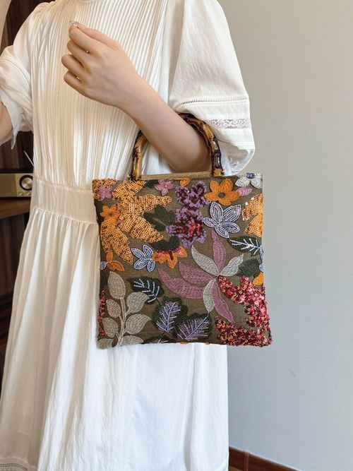 New Bamboo Handle Tote Bag - Stylish Large-Capacity Retro Women's Handbag with Colorful Sequins & Heavy Embroidery | Trendy Evening Bag (Orange, Flower Pattern Random Cut)
