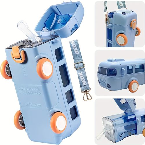500ml Large Capacity Tritan Kids Water Bottle -  Sip & Straw Cup with Cartoon Bus Design (Blue, Portable Gift)