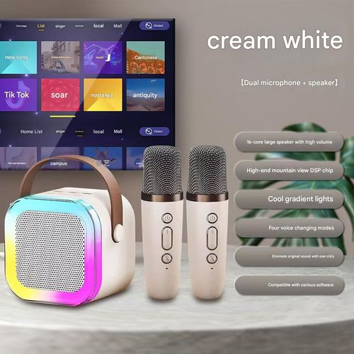 All-in-One Karaoke Speaker with Dual Mics - Cream White Bluetooth Speaker (K12 Unicorn) - Sing Along Anywhere