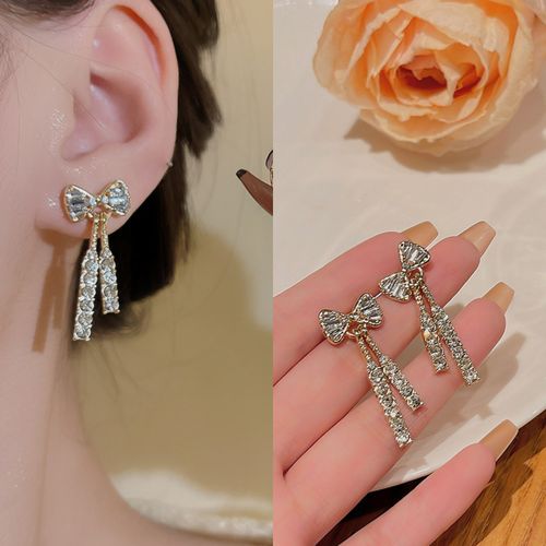 Gold-Plated S925 Silver Needle Earrings - A Pair of Exquisite Zircon Bowknot Dangles | light luxury Long Tassel Earrings with Luxury Appeal, Fairy-like Elegance for Women