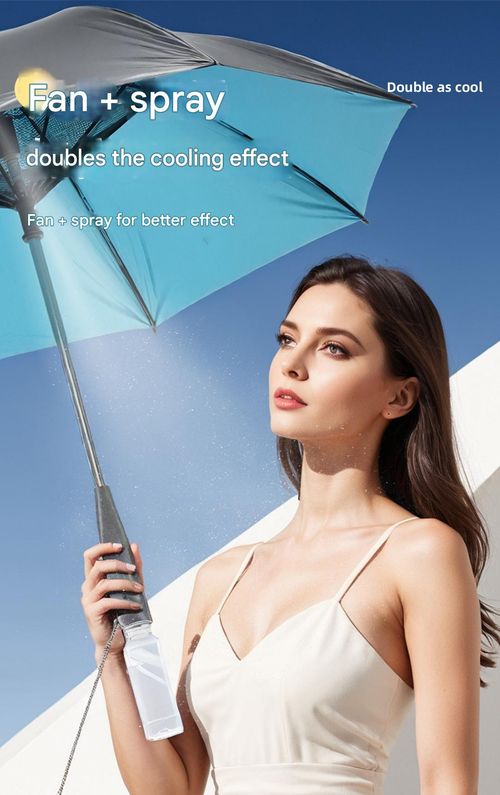 All-in-One Cooling Sun Umbrella: Built-in Fan, Mist Spray & Water Bottle - USB Rechargeable, Long Handle, UPF 50+ (Blue)
