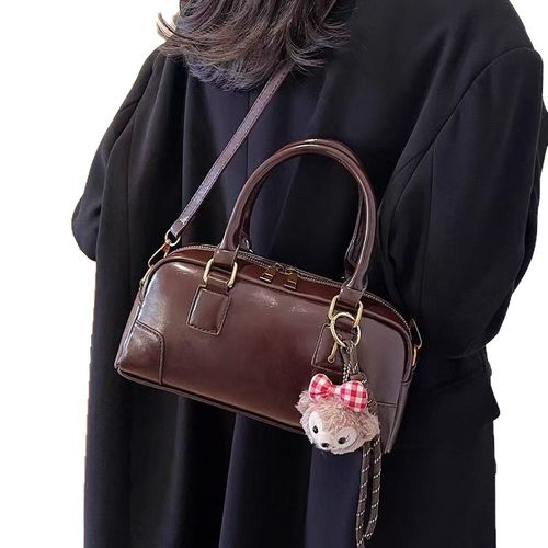 2025 New Burgundy Women's Handbag - Stylish High-End Bowling Boston Bag | Versatile for Commute (Top-Handle, Shoulder & Crossbody)