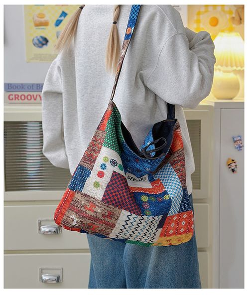 2025 New Niche Retro Contrast Color Canvas Tote for Women - Ethnic Style Large-Capacity Shoulder Bag with Double-Sided Reversible Design