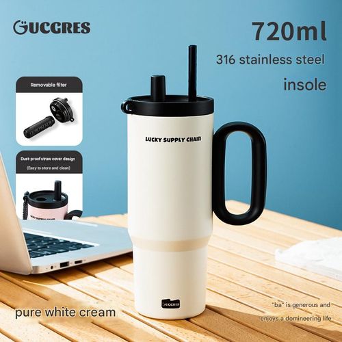 720ml Creamy White Vacuum Tumbler - XL Insulated Stainless Steel Cup with Straw & Carry Handle