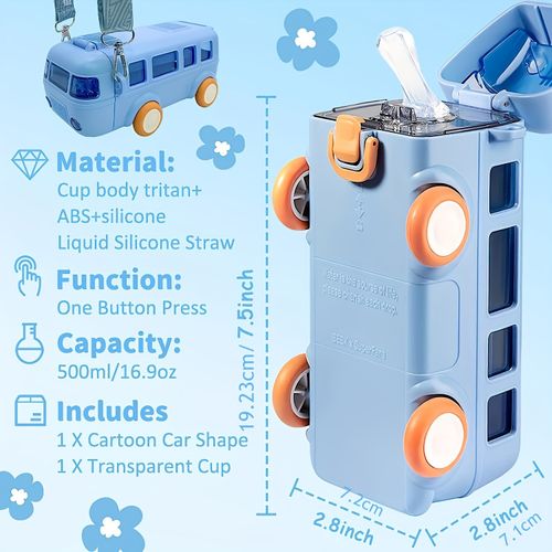 500ml Large Capacity Tritan Kids Water Bottle -  Sip & Straw Cup with Cartoon Bus Design (Blue, Portable Gift)