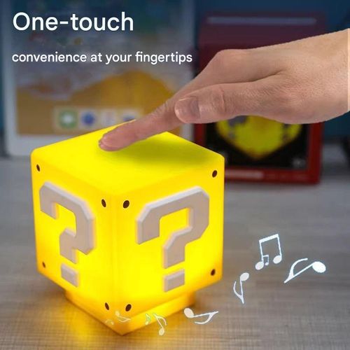 Retro Mario Charging Night Light - Multifunction Question Cube w  Ambiance Lighting & Classic Sound FX