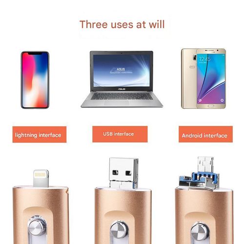 Pocket-Sized Charging Flash Drive - Rose Gold 64GB w| type-C & Lightning for iPhone|Android | Data Transfer + Power Boost