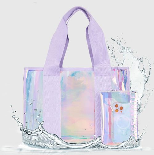 「Lavender Stormproof Tote」- Water-Repellent Holographic PVC Beach Bag w| Aqua-Sealed Seams |  Splash-Proof Capacity + Glitter Jelly Finish