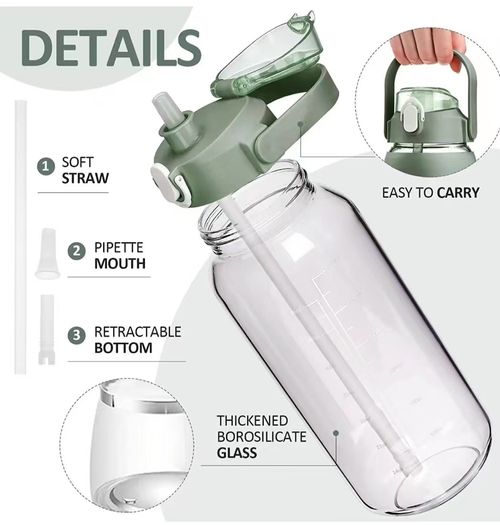 2000ml Oversized Adventure Tumbler - Borosilicate Glass w | Shock-Absorbing Sleeve, Dual Lid & Carry Handle (Forest Green)